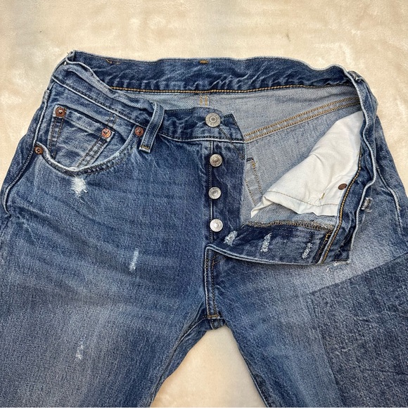 Levi's 501 Color-block Patchwork Ragged Lands Raw Hem Slim Straight Denim Jeans - Picture 10 of 16